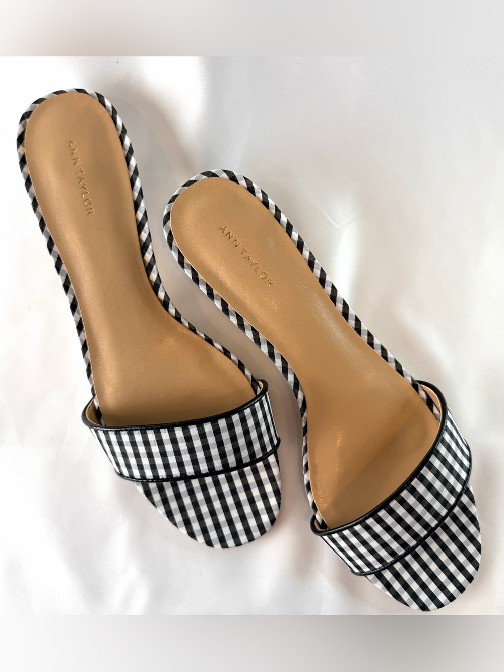 Ann Taylor Black and White Gingham Slide Mules